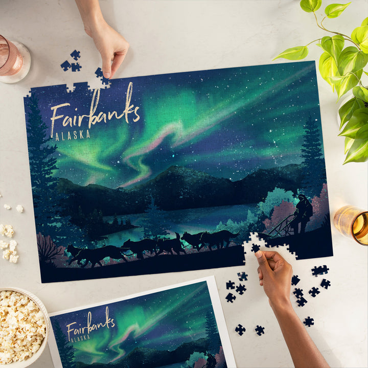 Fairbanks, Alaska, Lithograph, Northern Lights and Sled Dogs, Jigsaw Puzzle