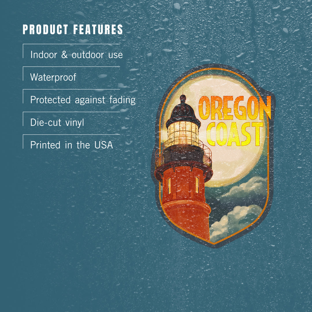Oregon Coast, Oregon, Lighthouse & Moon, Contour, Lantern Press Artwork, Vinyl Sticker