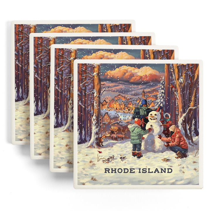 Rhode Island, Merry and Bright, Vintage Snowman, Coasters
