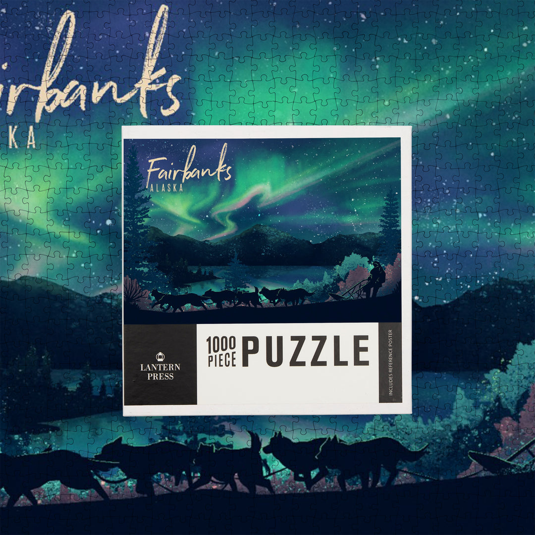 Fairbanks, Alaska, Lithograph, Northern Lights and Sled Dogs, Jigsaw Puzzle
