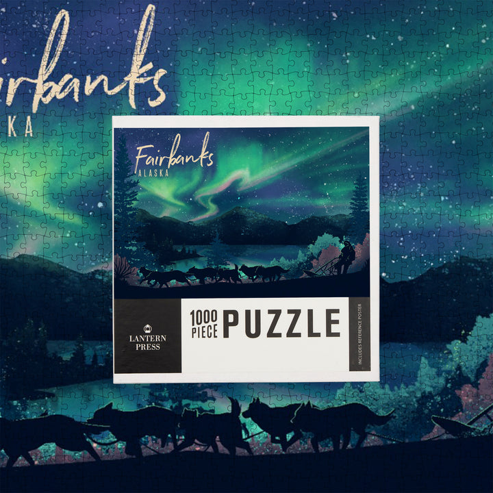 Fairbanks, Alaska, Lithograph, Northern Lights and Sled Dogs, Jigsaw Puzzle