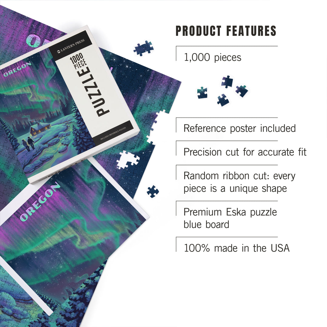 Oregon, Litho, Northern Lights and Cabin, 1000 Piece Jigsaw Puzzle