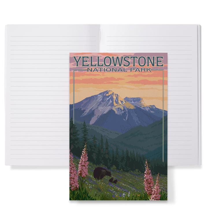 Lined 6x9 Journal, Yellowstone National Park, Bear and Spring Flowers, Lay Flat, 193 Pages, FSC paper