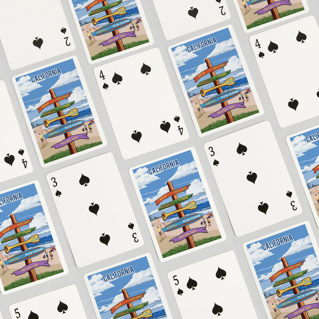 Playing Cards, California, Signpost, Coast Beach with Pier, 52 Card Deck with Jokers in Box, Unique Art