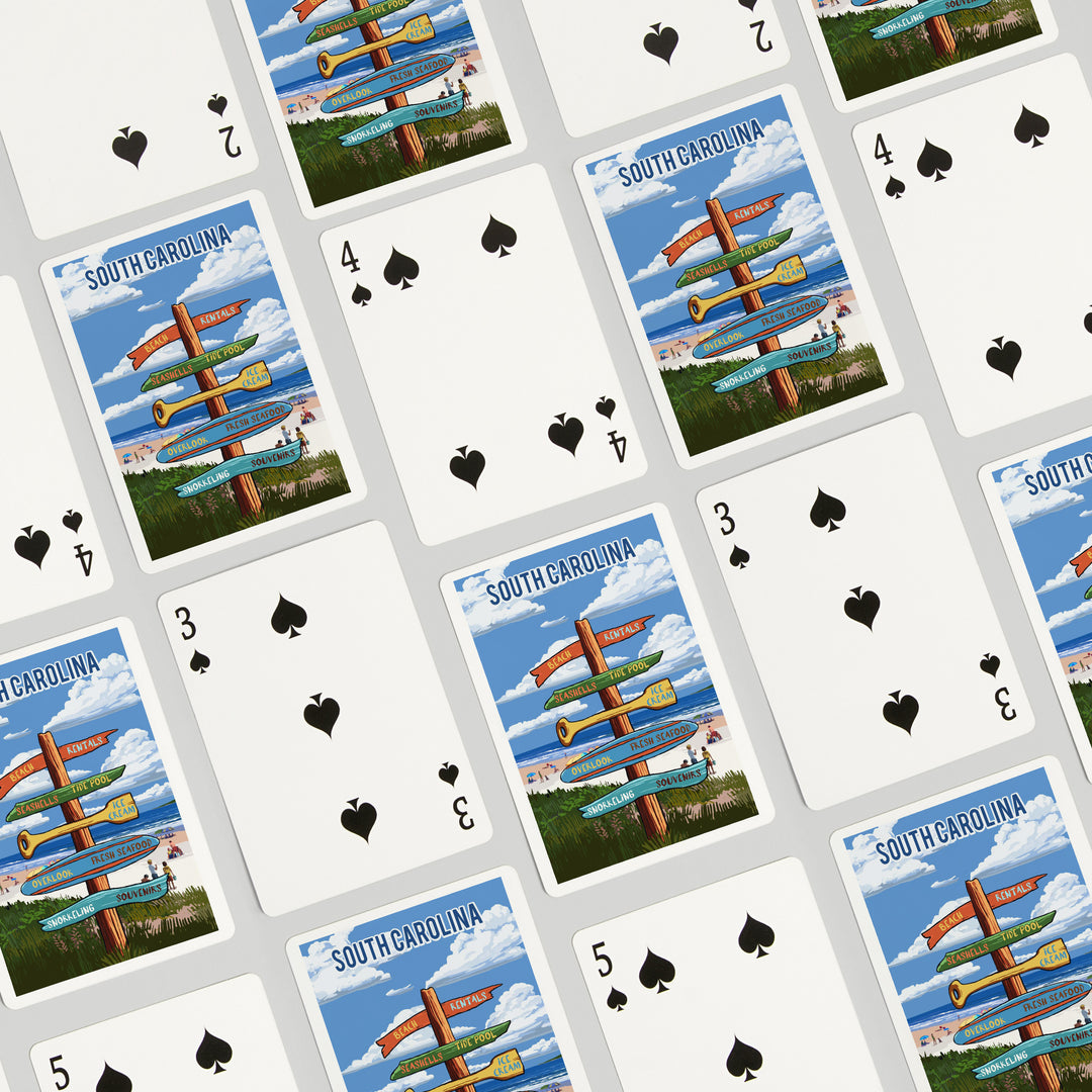 Playing Cards, South Carolina, Signpost, Coast Beach with Umbrellas, 52 Card Deck with Jokers in Box, Unique Art