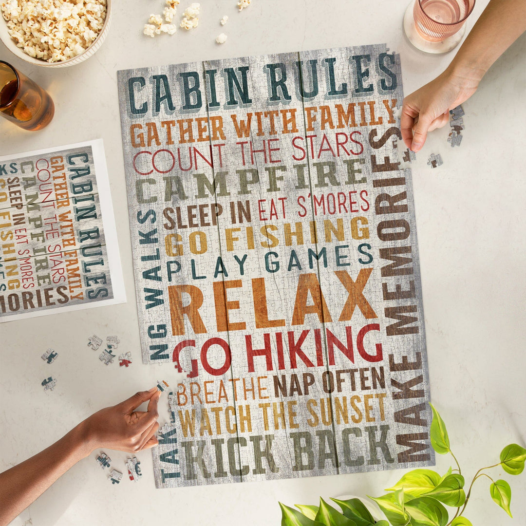 Cabin Rules, Rustic Typography, Jigsaw Puzzle Puzzle Lantern Press 