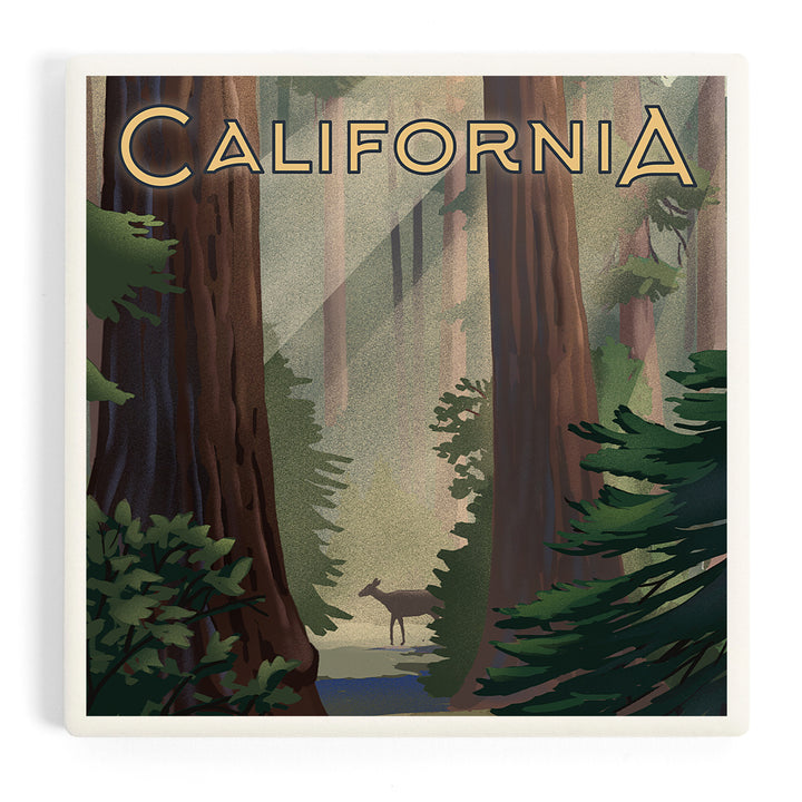 California, Lithograph, Deer in Forest, Coasters