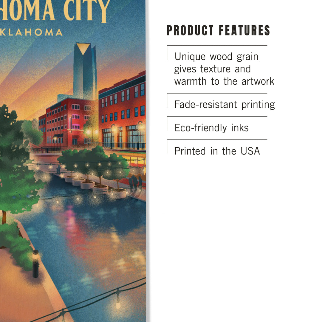 Oklahoma City, Oklahoma, Lithograph, River Walk, Wood Signs and Postcards