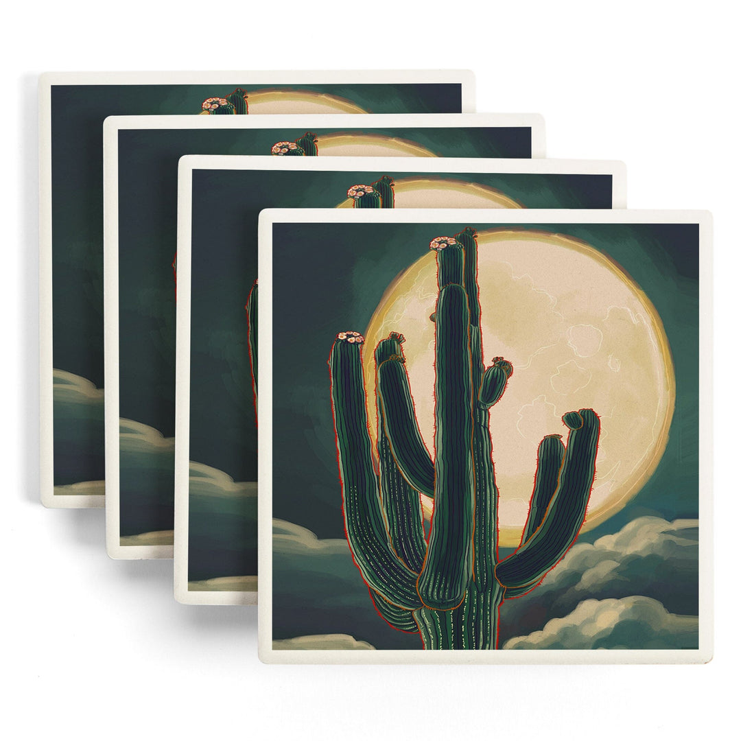 Cactus & Full Moon, Lantern Press Artwork, Coaster Set - Lantern Press