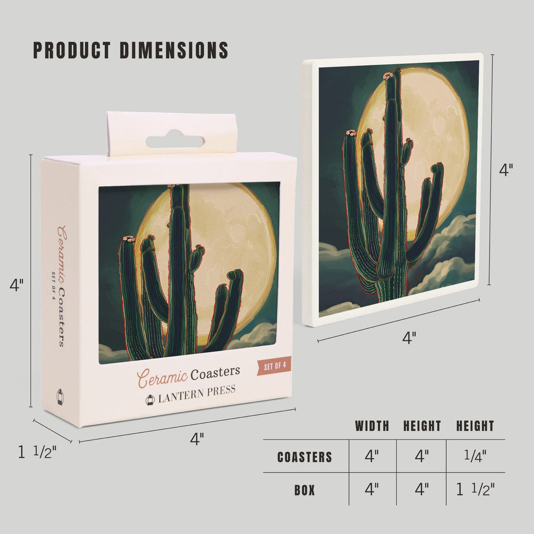 Cactus & Full Moon, Lantern Press Artwork, Coaster Set - Lantern Press