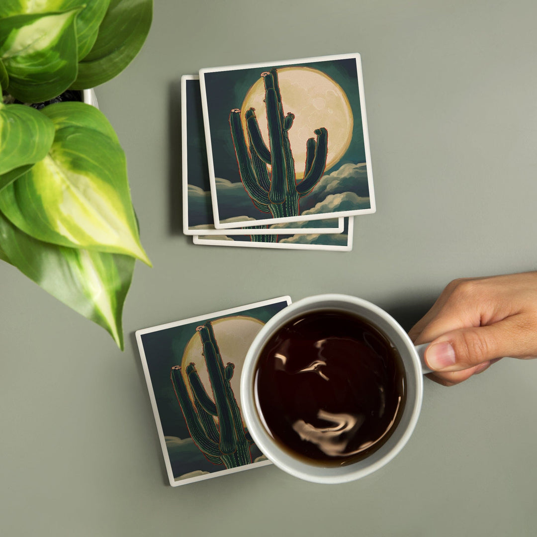 Cactus & Full Moon, Lantern Press Artwork, Coaster Set - Lantern Press