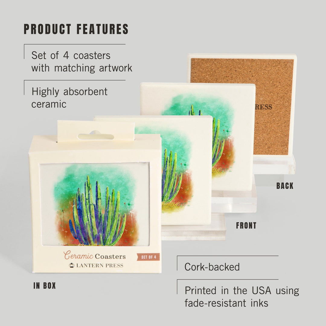 Cactus, Watercolor, Lantern Press Artwork, Coaster Set - Lantern Press