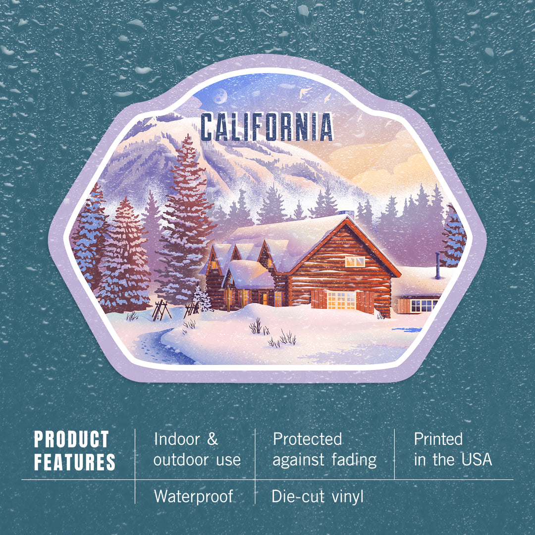 California, Lithograph, Mountain Lodge, Winter Scene, Vinyl Sticker