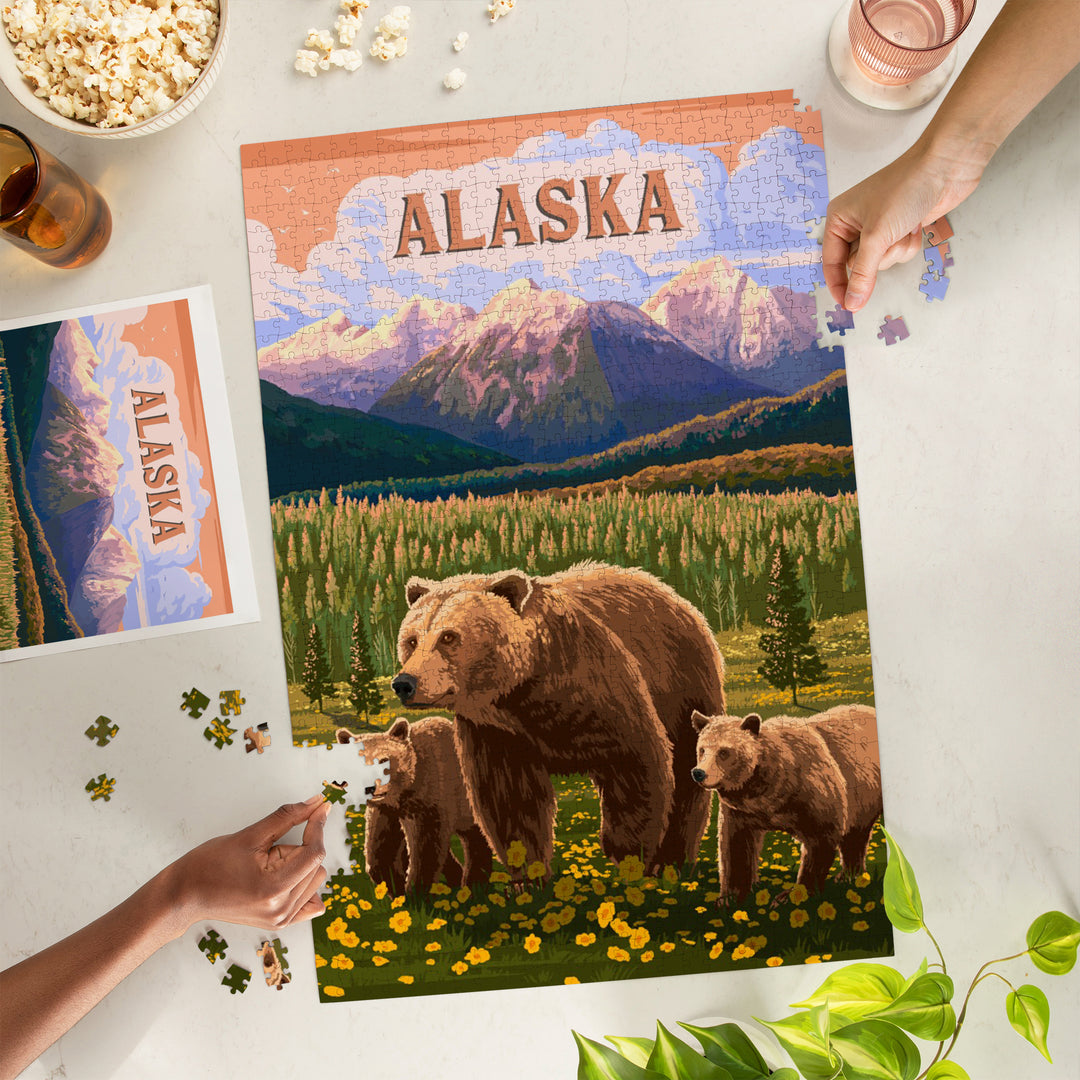 Alaska, Painterly, Bear Family, 1000 Piece Jigsaw Puzzle