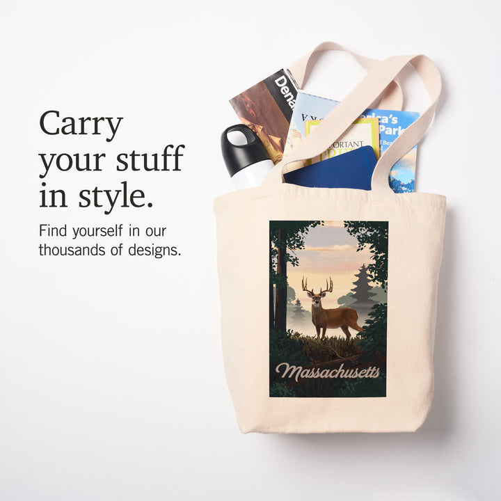 Massachusetts, Painterly, Deer and Sunrise, Tote Bag