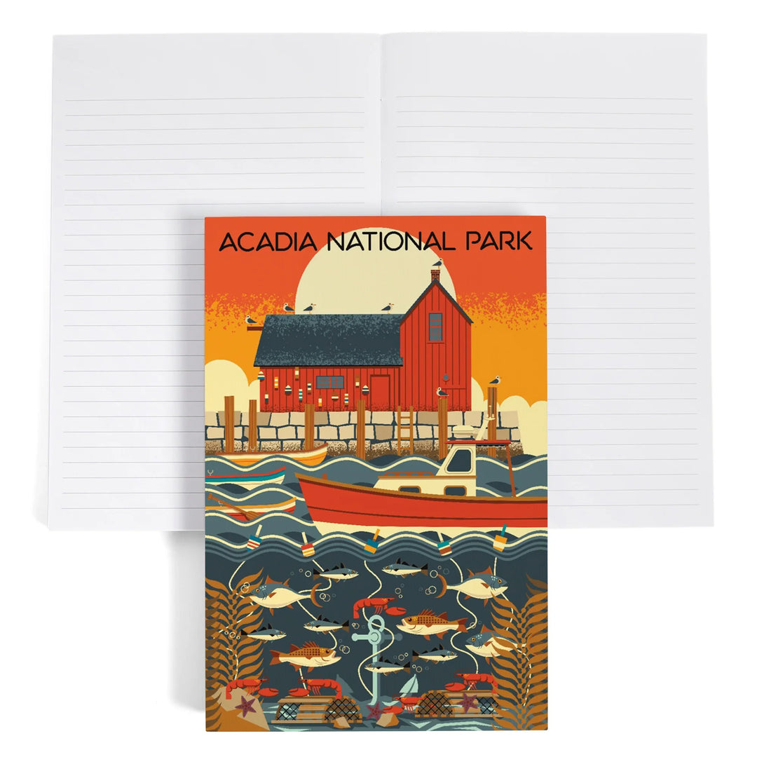 Lined 6x9 Journal, Acadia National Park, Maine, Nautical Geometric, Lay Flat, 193 Pages, FSC paper
