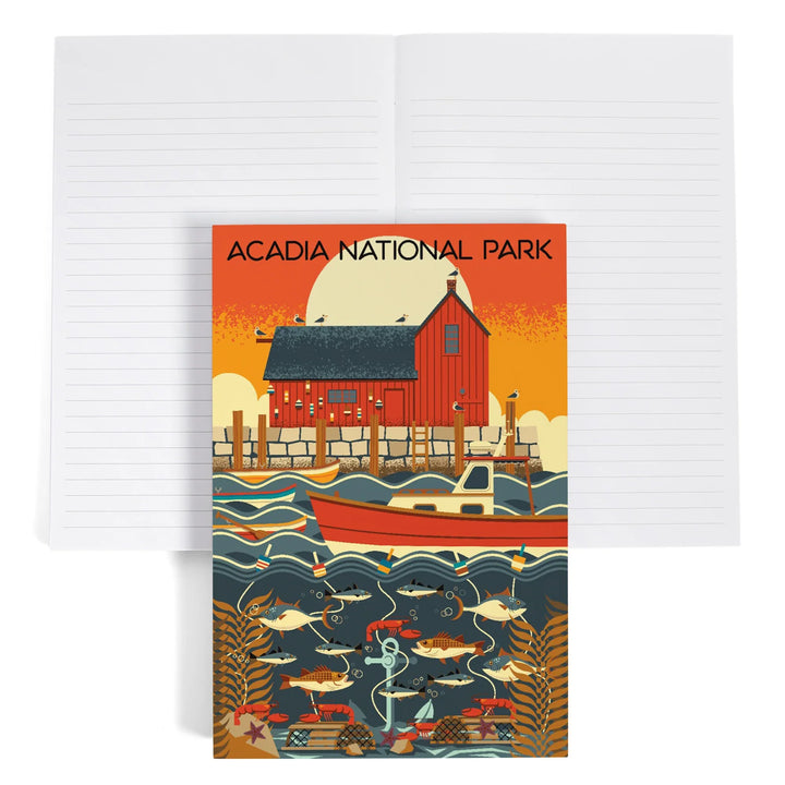 Lined 6x9 Journal, Acadia National Park, Maine, Nautical Geometric, Lay Flat, 193 Pages, FSC paper