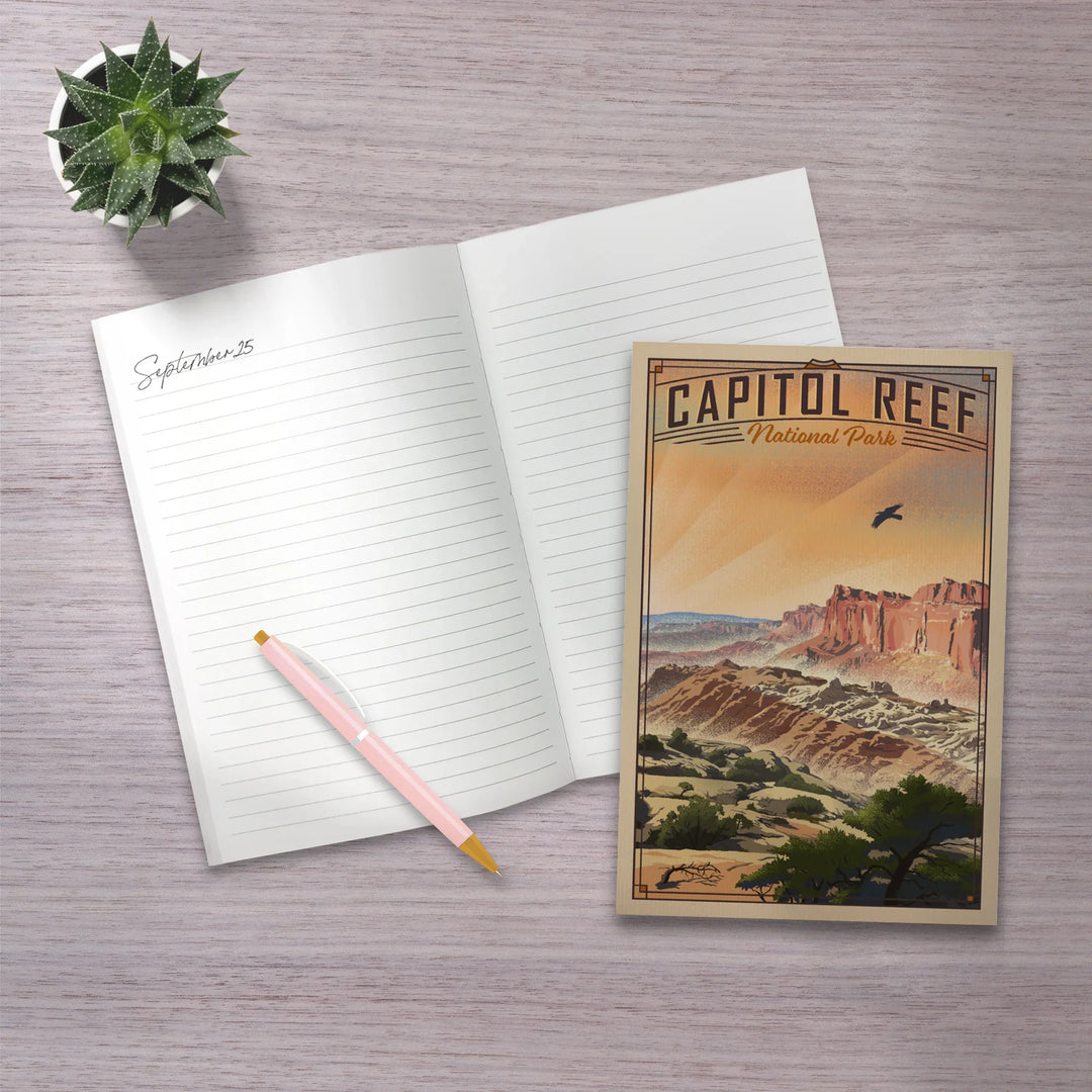 Lined 6x9 Journal, Capitol Reef National Park, Utah, Water Pocket Fold, Lithograph National Park Series, Lay Flat, 193 Pages, FSC paper
