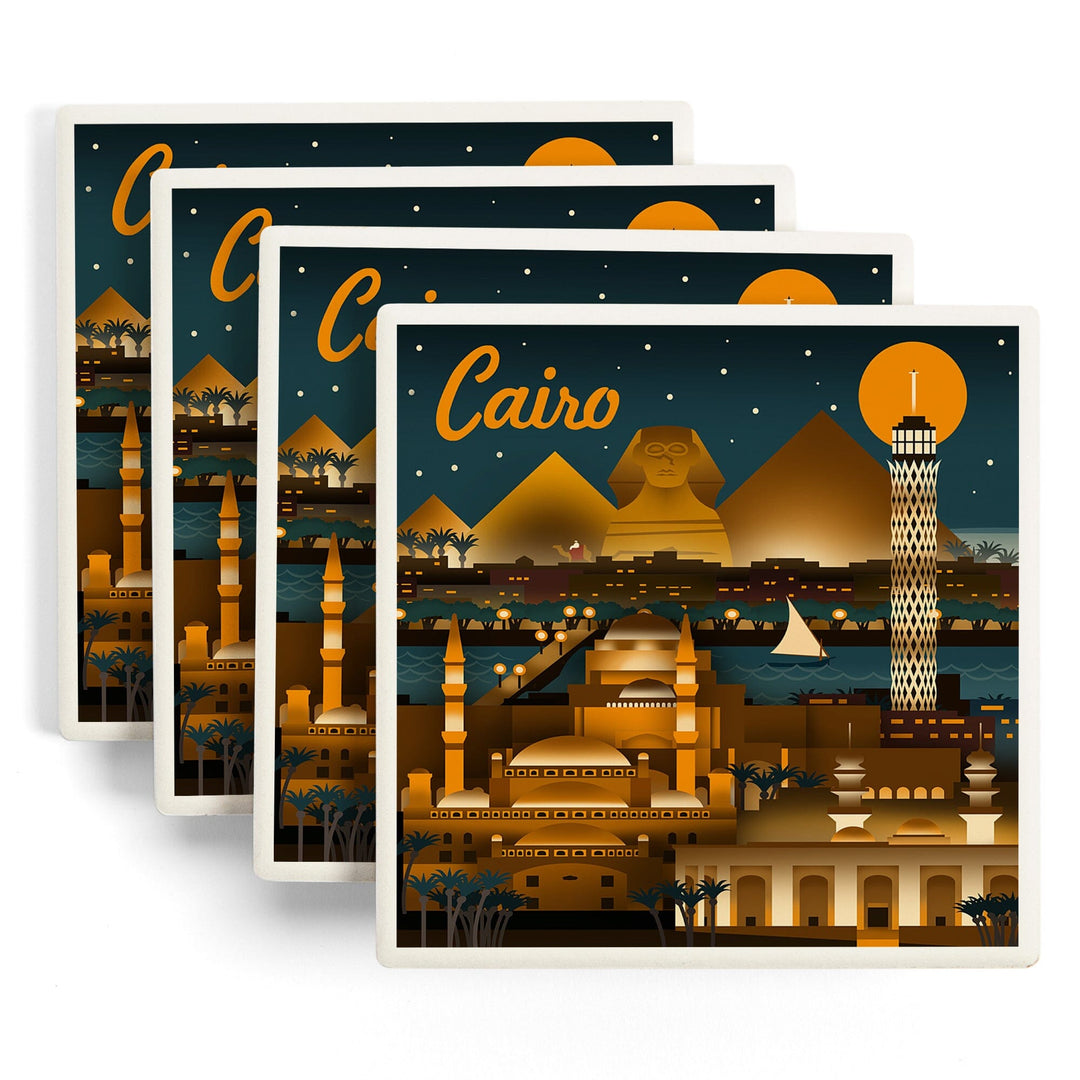 Cairo, Egypt, Retro Skyline, Lantern Press Artwork, Coaster Set - Lantern Press