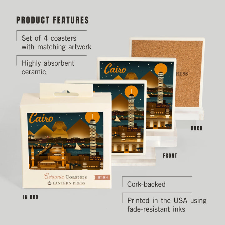 Cairo, Egypt, Retro Skyline, Lantern Press Artwork, Coaster Set - Lantern Press