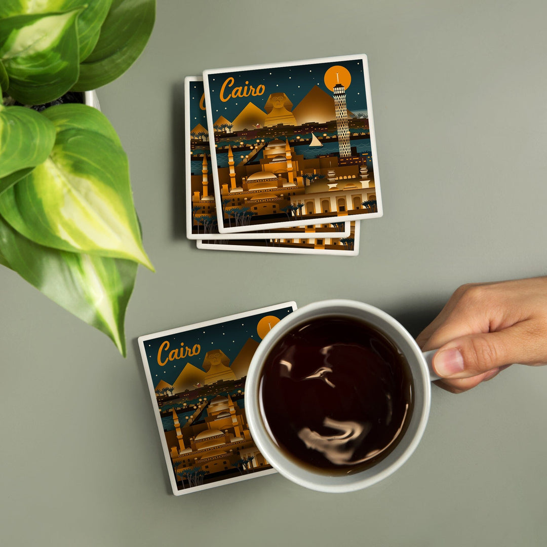 Cairo, Egypt, Retro Skyline, Lantern Press Artwork, Coaster Set - Lantern Press