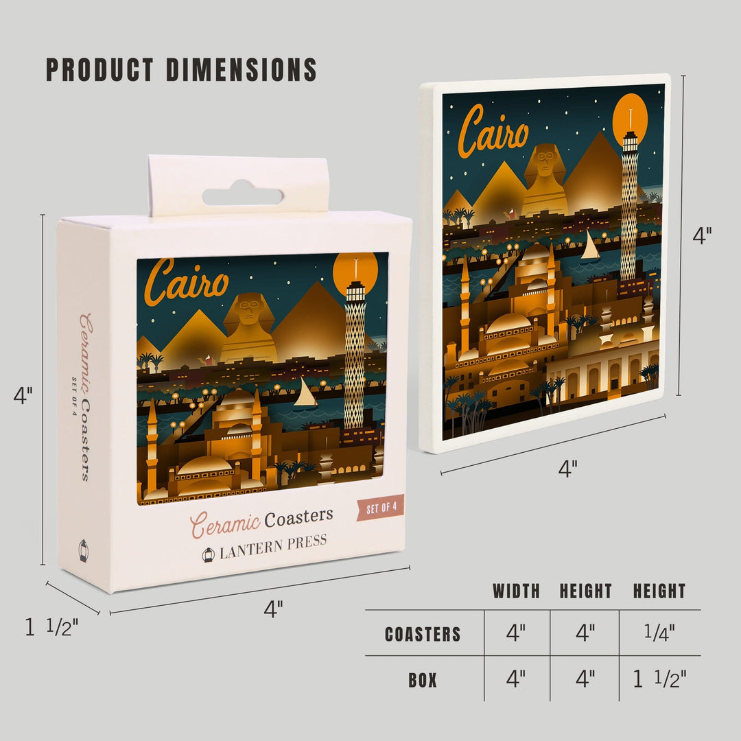 Cairo, Egypt, Retro Skyline, Lantern Press Artwork, Coaster Set - Lantern Press