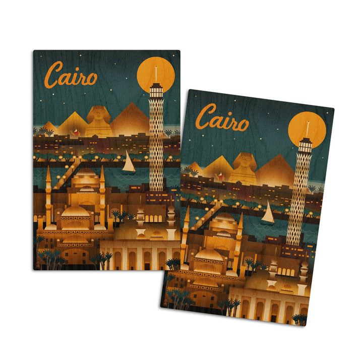 Cairo, Egypt, Retro Skyline, Lantern Press Artwork, Wood Signs and Postcards Wood Lantern Press 4x6 Wood Postcard Set 