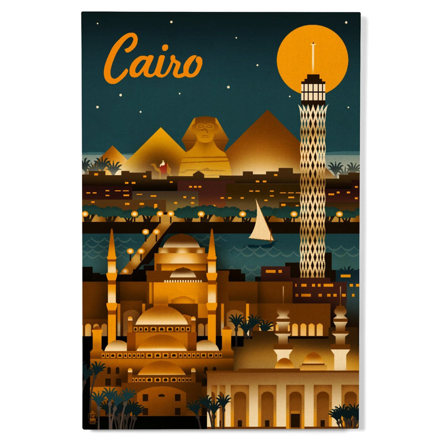 Cairo, Egypt, Retro Skyline, Lantern Press Artwork, Wood Signs and Postcards Wood Lantern Press 