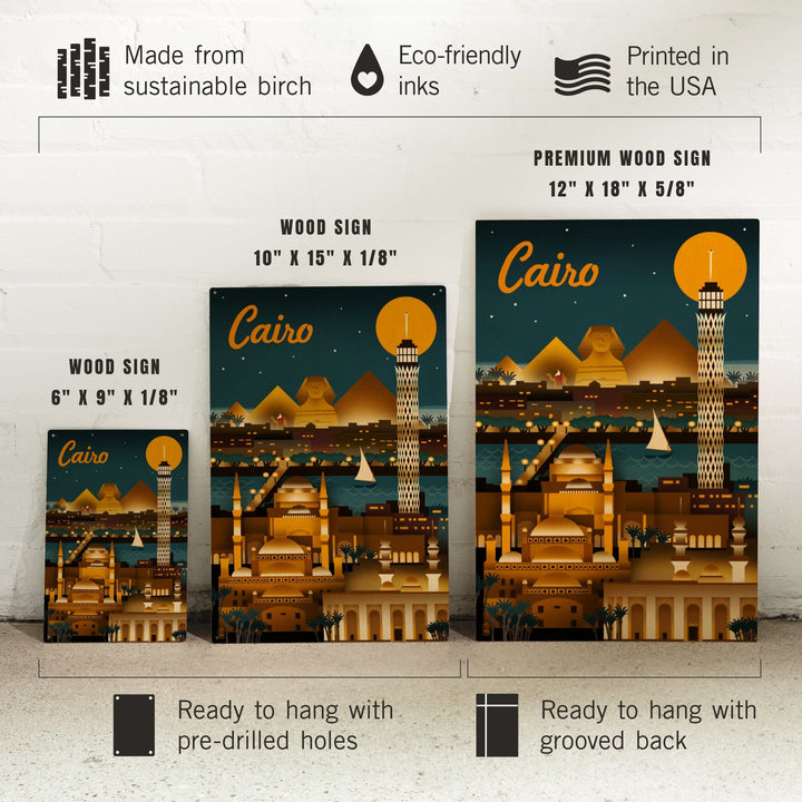 Cairo, Egypt, Retro Skyline, Lantern Press Artwork, Wood Signs and Postcards Wood Lantern Press 