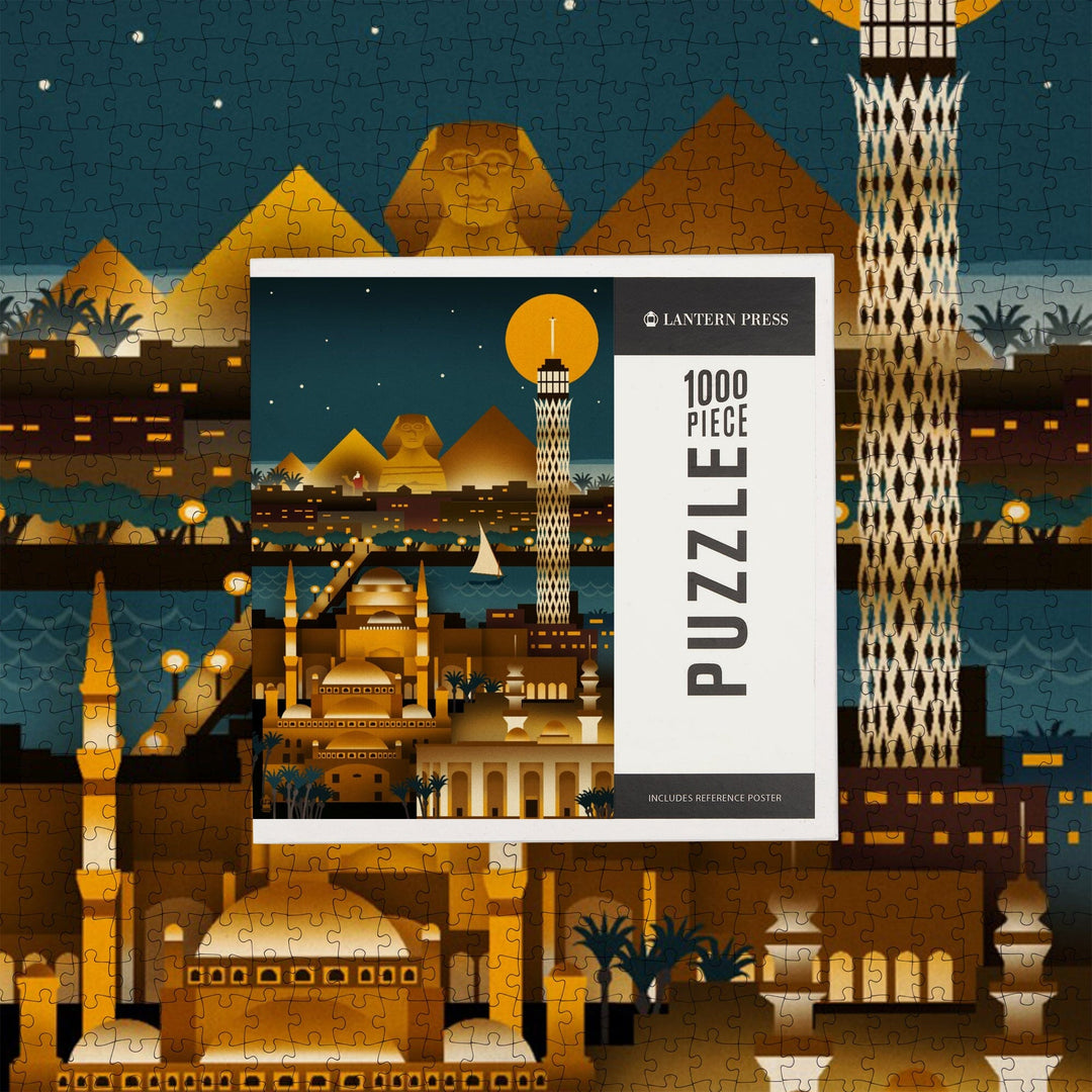 Cairo, Egypt, Retro Skyline (no text), Jigsaw Puzzle Puzzle Lantern Press 