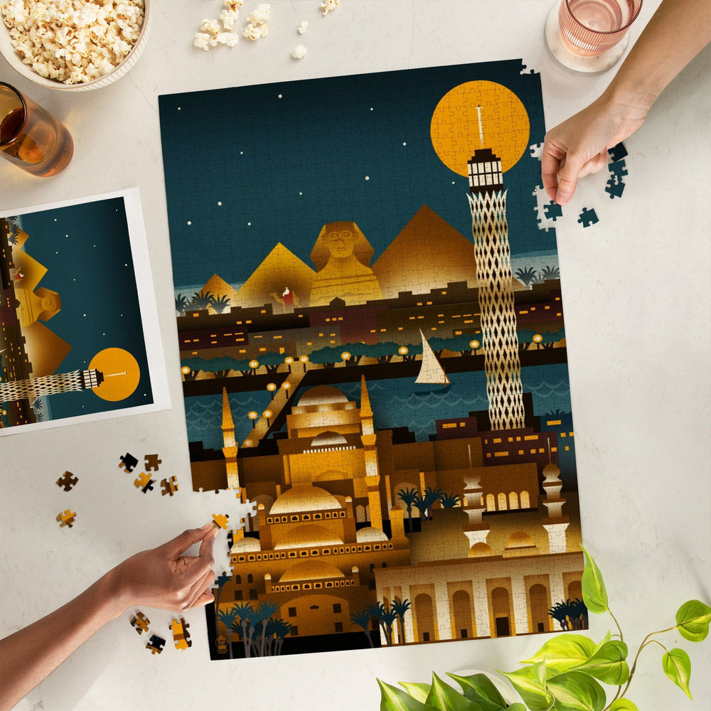 Cairo, Egypt, Retro Skyline (no text), Jigsaw Puzzle Puzzle Lantern Press 