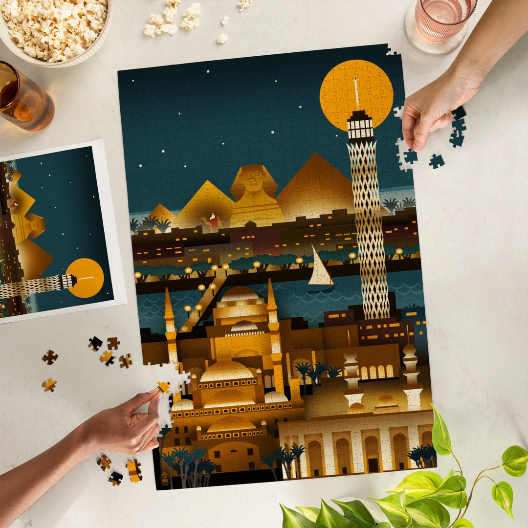 Cairo, Egypt, Retro Skyline (no text), Jigsaw Puzzle Puzzle Lantern Press 