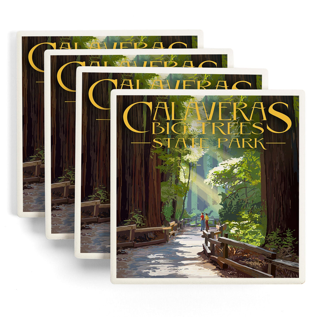 Calaveras Big Trees State Park, California, Pathway in Trees, Lantern Press Artwork, Coaster Set - Lantern Press