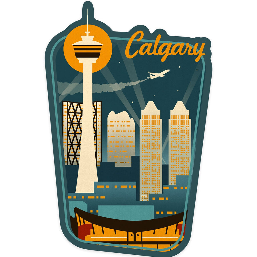 Calgary, Alberta, Canada, Retro Skyline, Contour, Lantern Press Artwork, Vinyl Sticker Sticker Lantern Press 