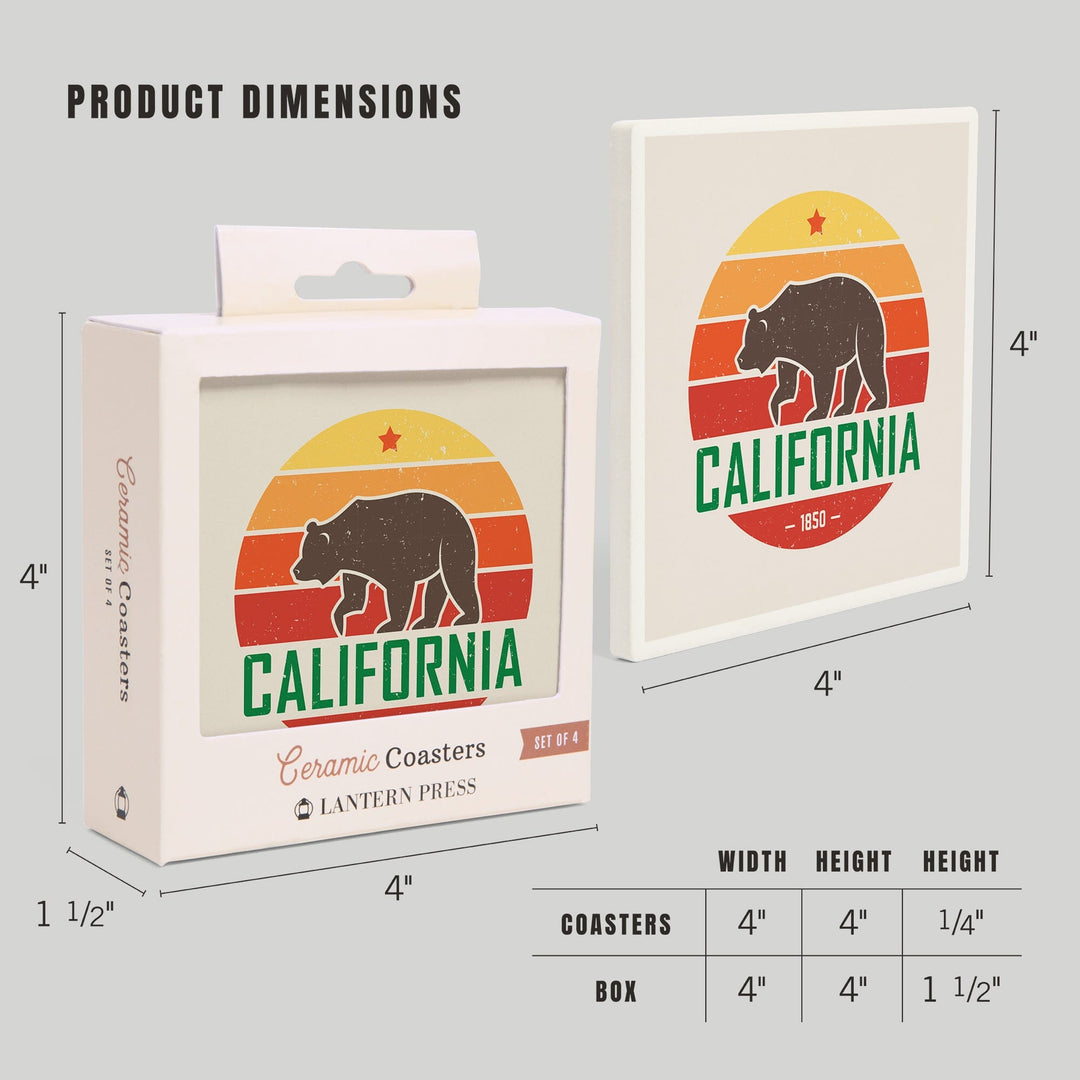 California, 1850, Sun Vector with Brown Bear, Contour, Coaster Set - Lantern Press