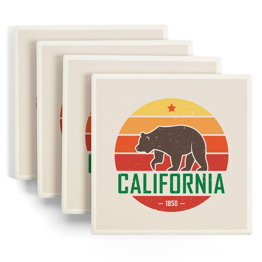 California, 1850, Sun Vector with Brown Bear, Contour, Coaster Set - Lantern Press