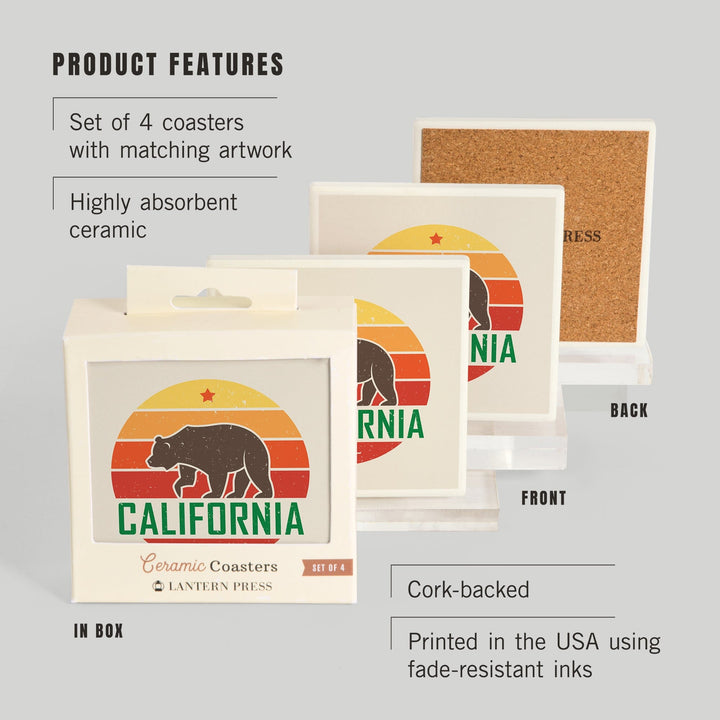 California, 1850, Sun Vector with Brown Bear, Contour, Coaster Set - Lantern Press