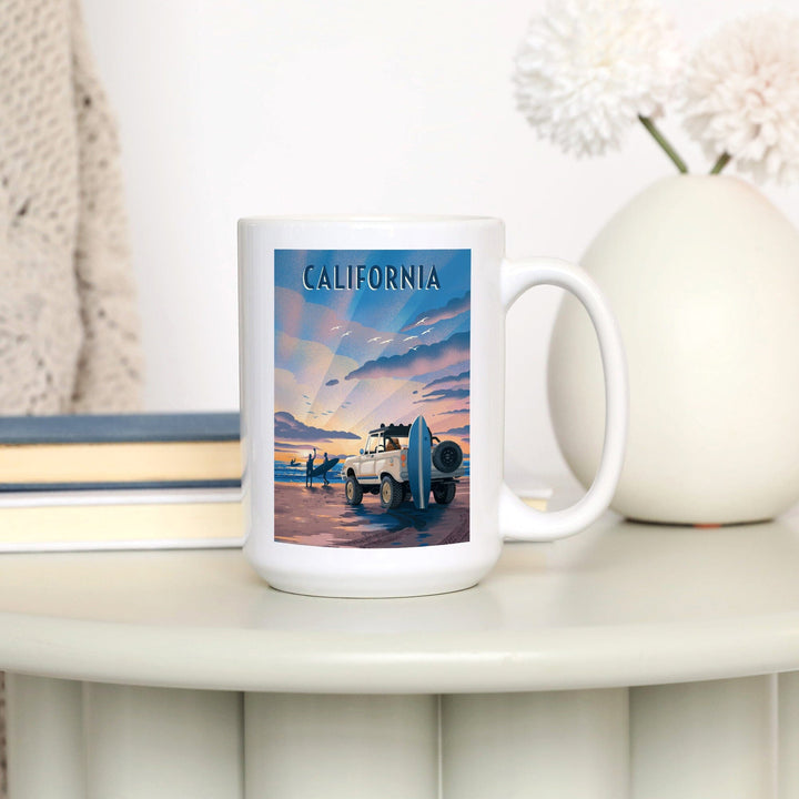 California, Beach Lithograph, Ceramic Mug - Lantern Press