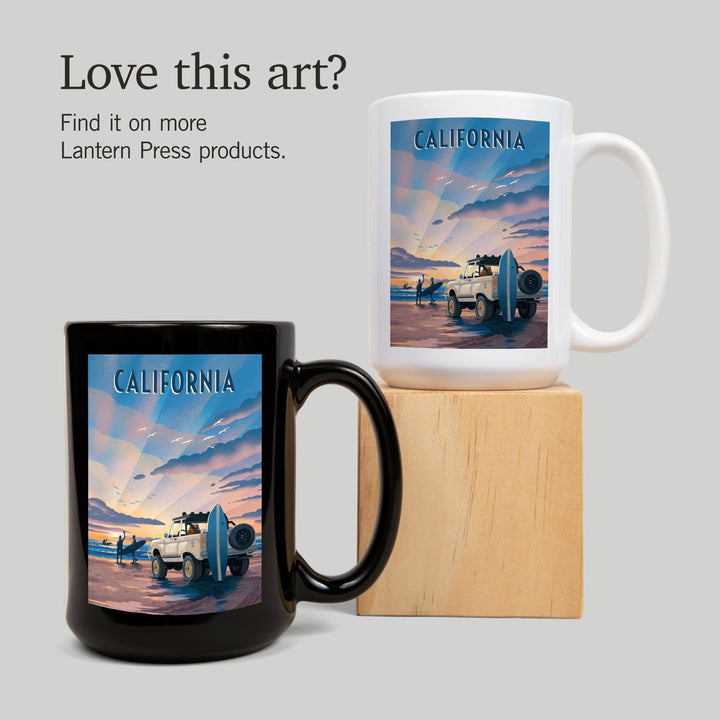 California, Beach Lithograph, Ceramic Mug - Lantern Press