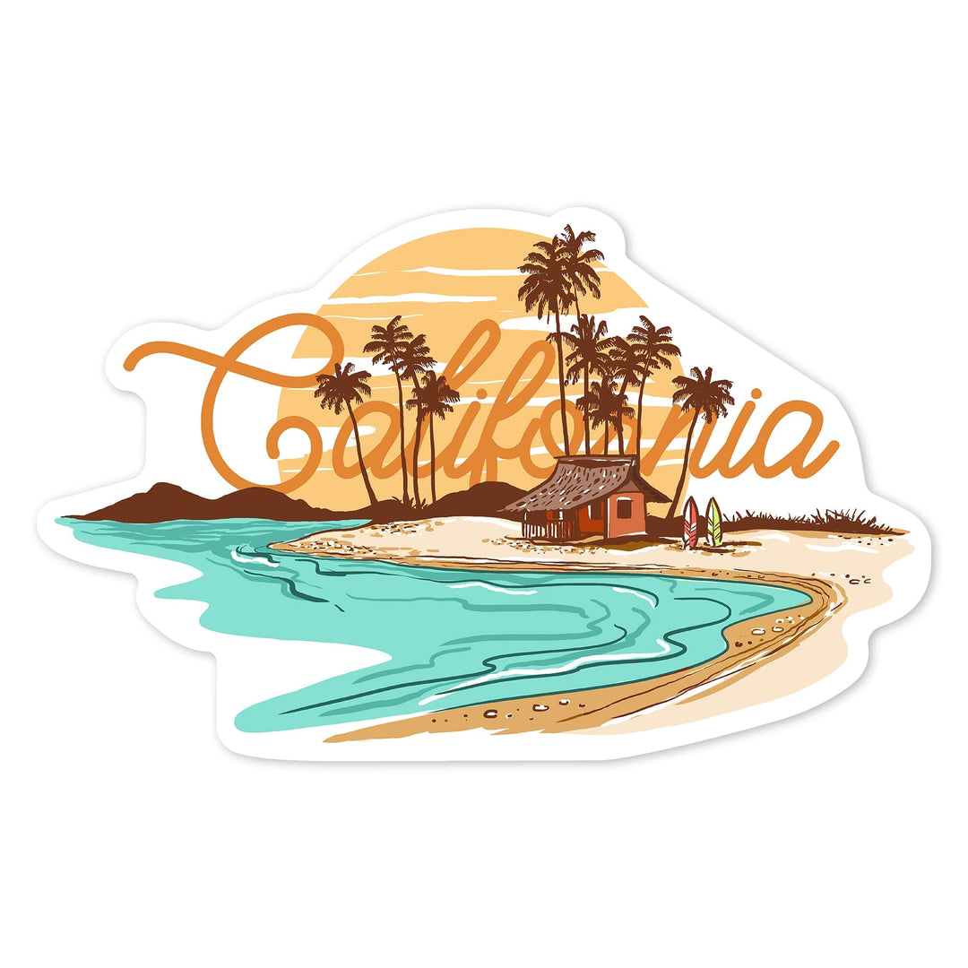 California, Beach Scene Line Drawing, Vinyl Sticker - Lantern Press