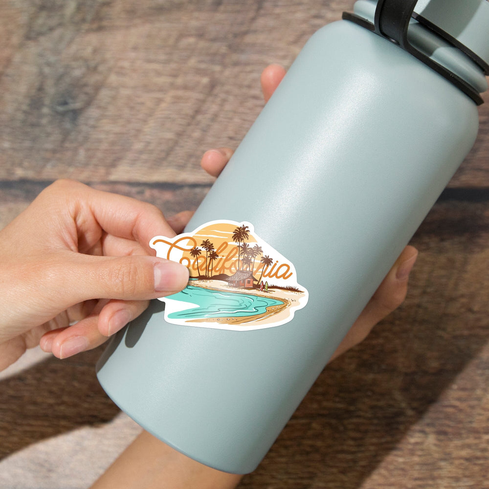 California, Beach Scene Line Drawing, Vinyl Sticker - Lantern Press