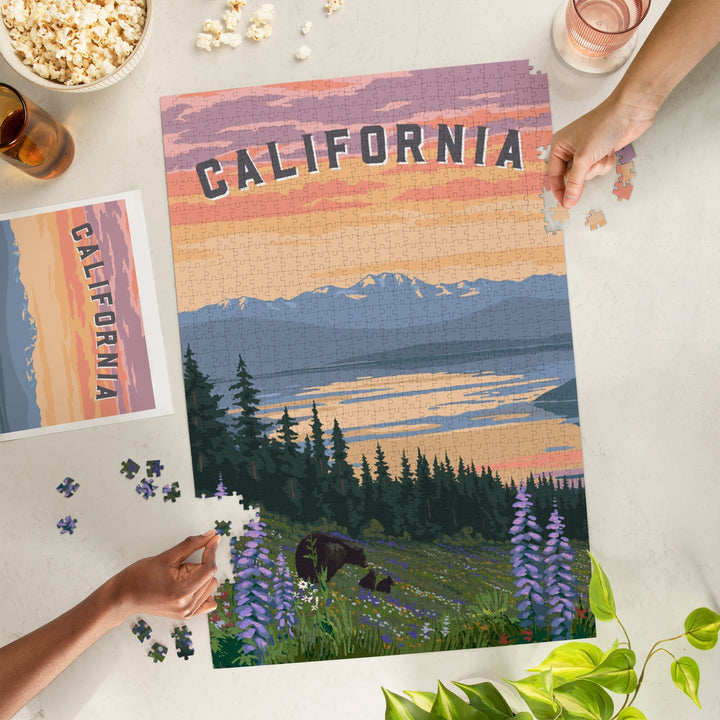 California Bear and Spring Flowers, Jigsaw Puzzle Puzzle Lantern Press 