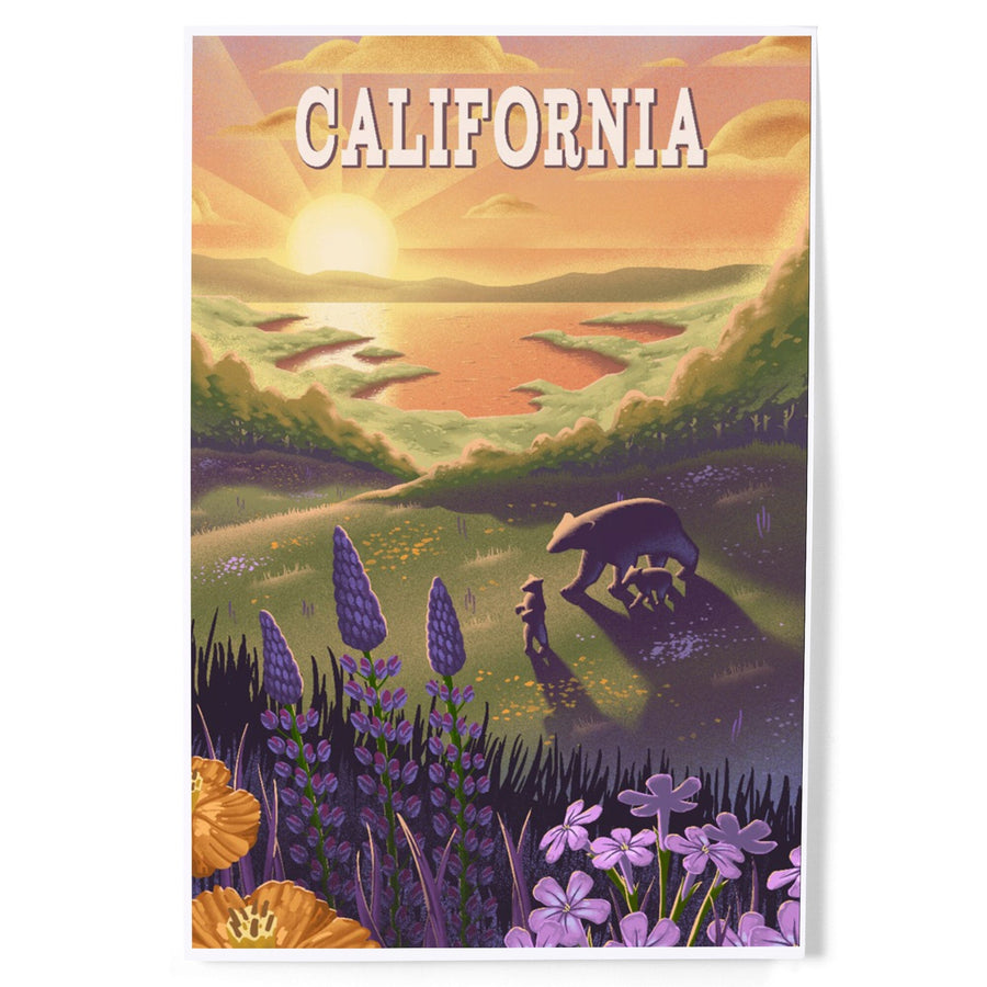 California, Bear and Spring Flowers, Lithograph, Art & Giclee Prints Art Lantern Press 
