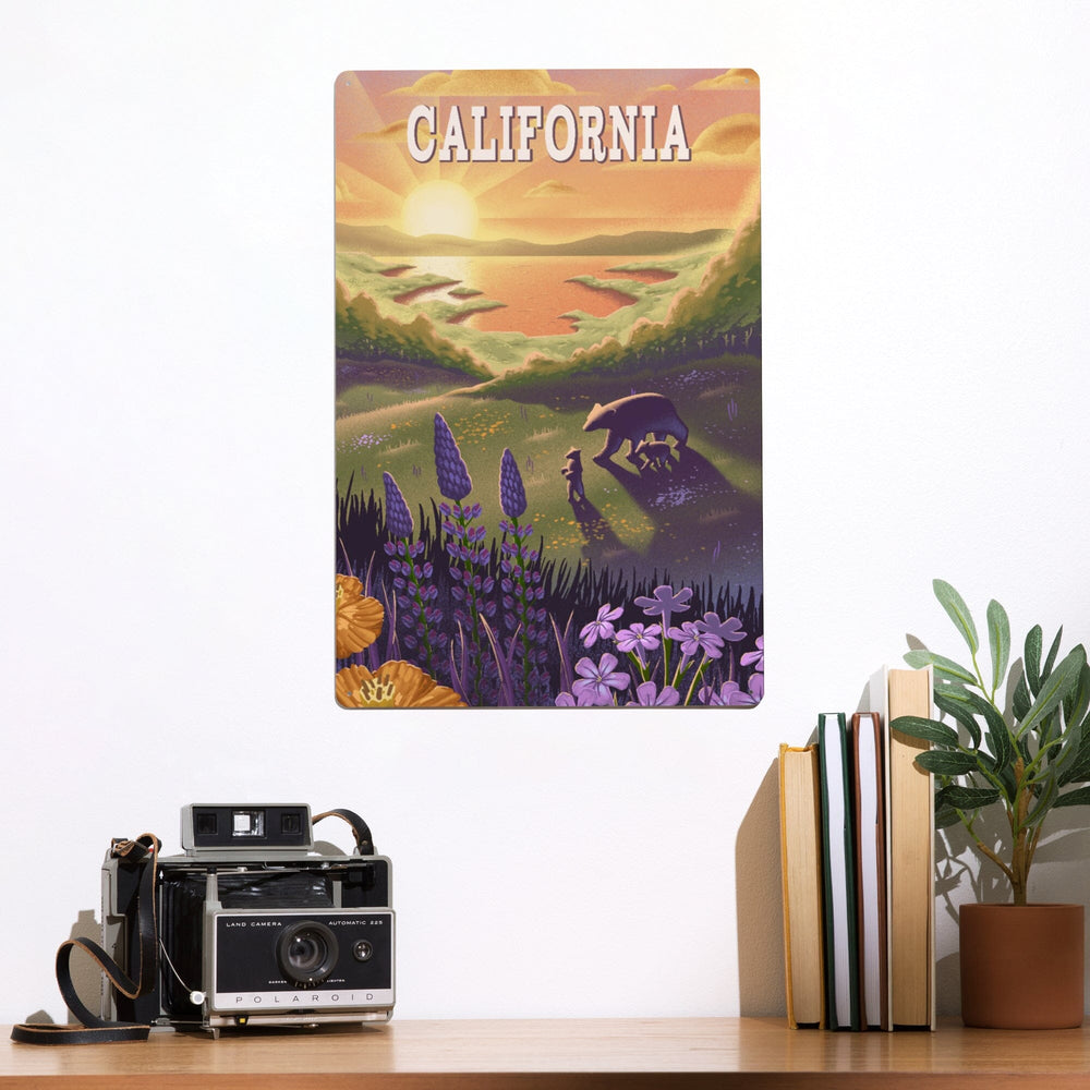 California, Bear and Spring Flowers, Lithograph, Metal Signs Metal Lantern Press 