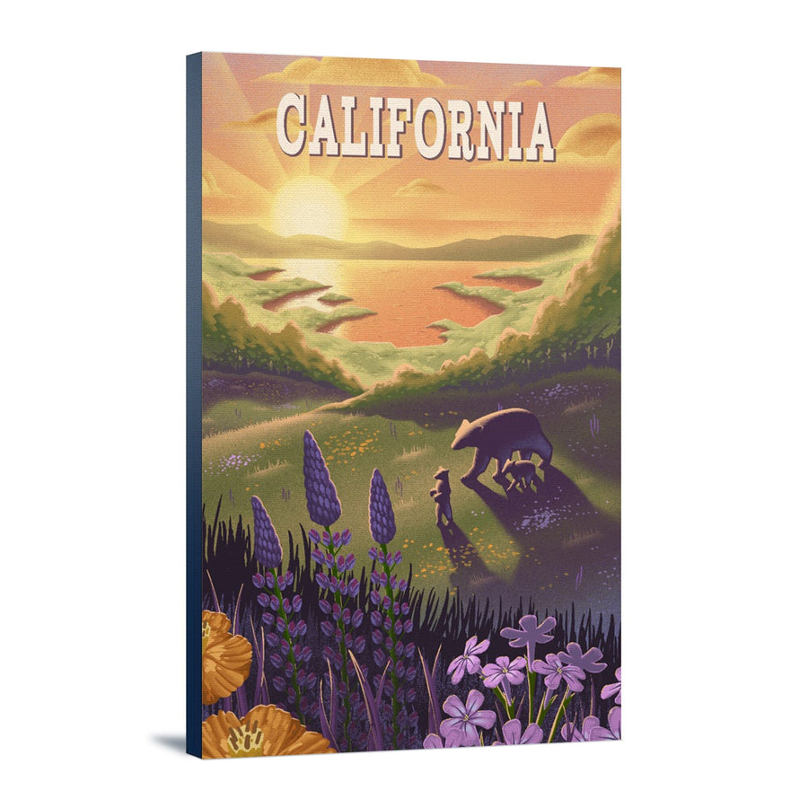 California, Bear and Spring Flowers, Lithograph, Stretched Canvas Canvas Lantern Press 