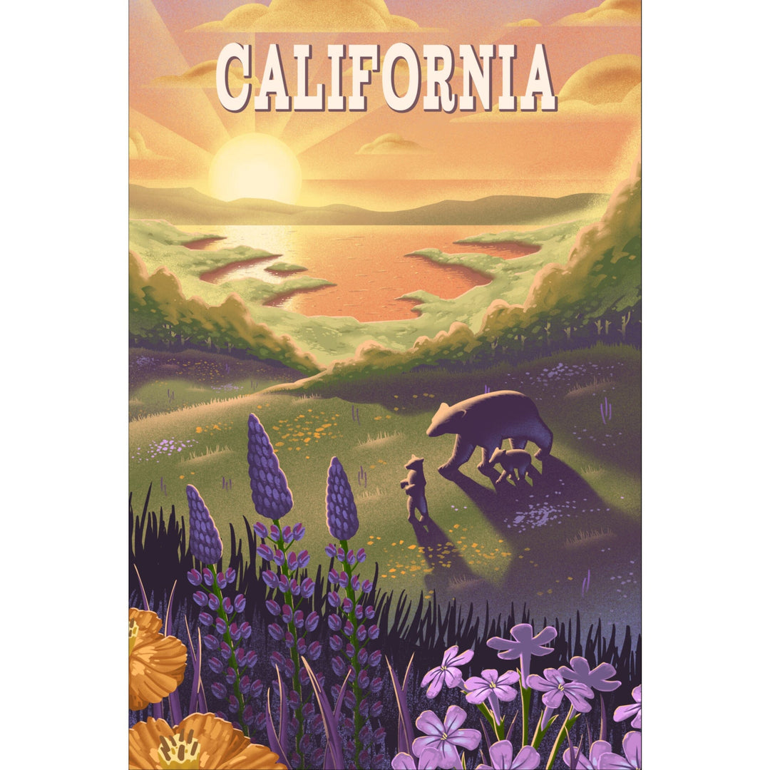 California, Bear and Spring Flowers, Lithograph, Stretched Canvas Canvas Lantern Press 