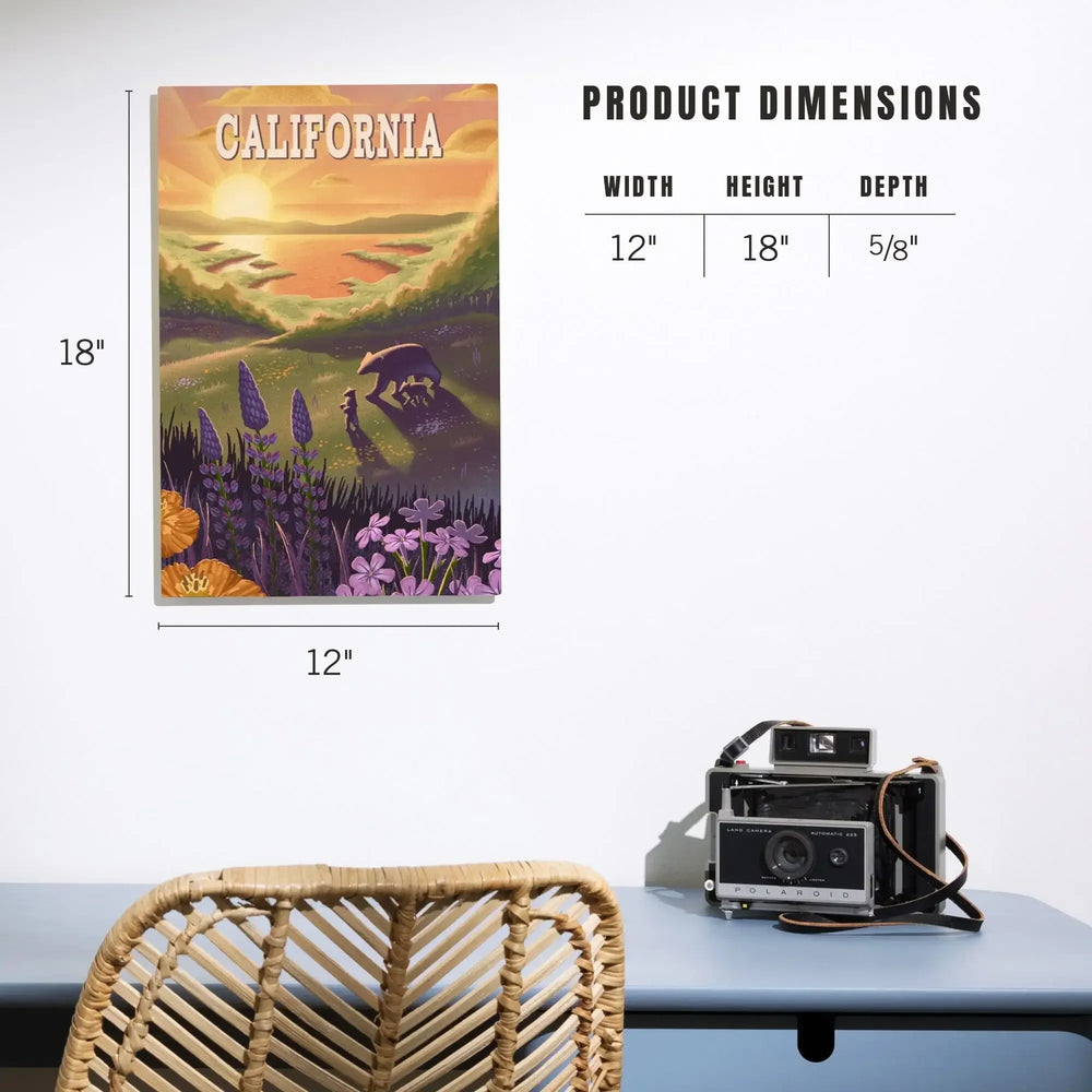 California, Bear and Spring Flowers, Lithograph, Wood Signs and Postcards Wood Lantern Press 