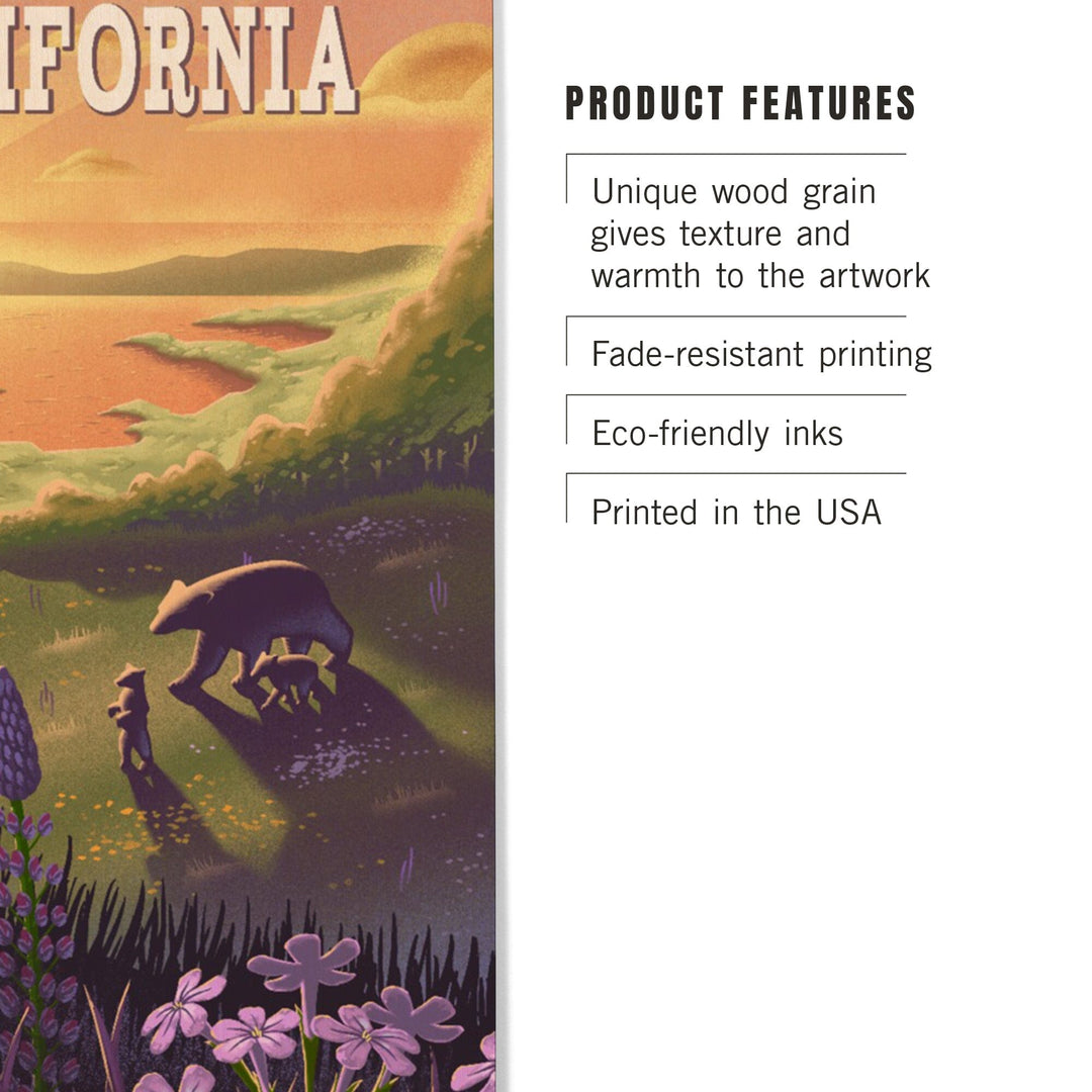 California, Bear and Spring Flowers, Lithograph, Wood Signs and Postcards Wood Lantern Press 