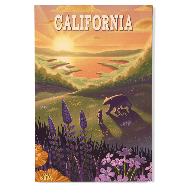 California, Bear and Spring Flowers, Lithograph, Wood Signs and Postcards Wood Lantern Press 