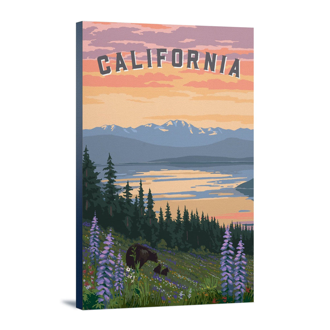 California Bear and Spring Flowers, Stretched Canvas Canvas Lantern Press 